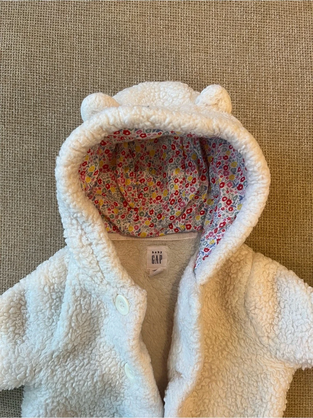 Baby GAP Cream Sherpa Jacket with Floral Cuff Detail and Bear Ears